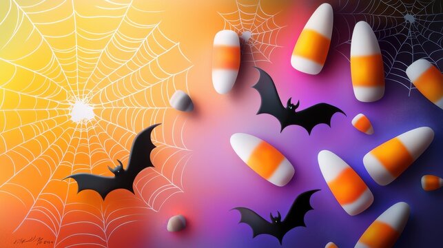 Hand-drawn doodles of candy corn, bats, and spider webs scattered across a colorful Halloween backdrop, creating a festive, playful scene.