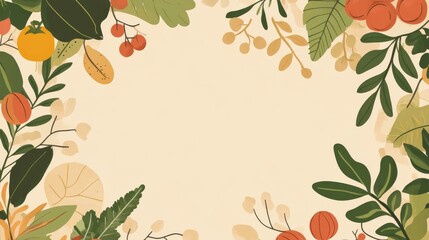 Wall Mural - A drawing of a leafy green background with a variety of fruits and vegetables