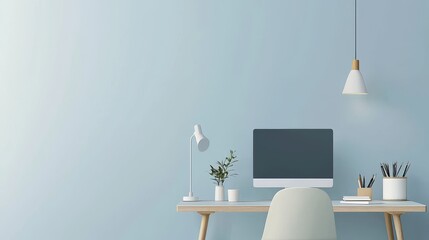 Poster - A clean, minimalist home office setup with a desktop computer, a comfortable chair, and calming, modern dacor for a productive work-from-home day.