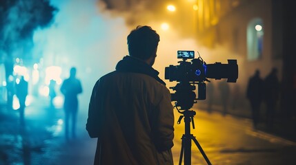 Silhouetted Videographer Capturing Cinematic Footage in Moody Urban Night Scene