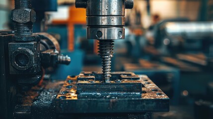 Poster - Close-up of a drill machine in a workshop, showcasing the intricate details of metalworking and machinery in action.