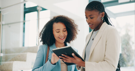 Aufkleber - Collaboration, conversation and tablet with business women in office together for discussion or planning. Agenda, design and smile with happy developer people in professional workplace for strategy