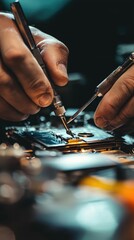 Poster - Close-up of hands performing intricate electronic repairs on a circuit board, showcasing precision and craftsmanship.