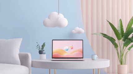 Poster - A laptop mockup in a cozy living room setting, placed on a coffee table, customizable screen showing a family-friendly design space.