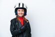 © luismolinero - Young Russian girl with a motorcycle helmet isolated on white background pointing to the side to present a product
