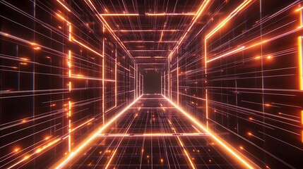 Abstract glowing orange lines in a dark digital space, forming a tunnel-like structure.