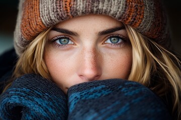 Close-up of a woman's face with captivating blue eyes, wearing a warm knit hat and bundled up in a cozy scarf, emphasizing her intense gaze and soft freckles on her skin in a winter setting