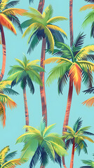 Design seamless pattern with tropical palm trees, green and yellow leaves on blue sky background. Ideal for summer or natural themes, exuding lively, outdoor paradise feel