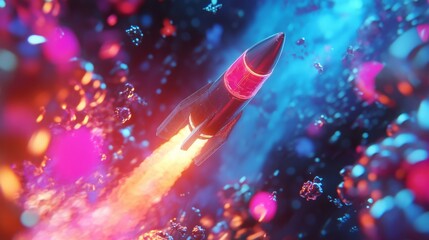 Aufkleber - A rocket propels into the depths of space, surrounded by a dynamic array of colorful particles and bright lights, creating a spectacular display of cosmic energy and movement in the universe.