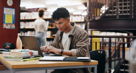 Poster - Reading, laptop and research with man in library for knowledge, education and college thesis. Academy, future and university with student and studying on campus for exam, project and scholarship