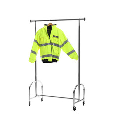 Bright policeman's jacket on clothing rack isolated on white