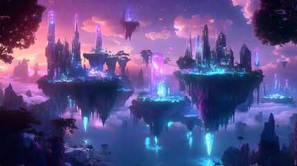 Futuristic Fairytale City in Glowing Neon Inspired Ethereal Landscape with Floating Islands