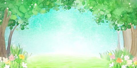 Wall Mural - watercolor spring landscape painting. trees, flowers and meadow.