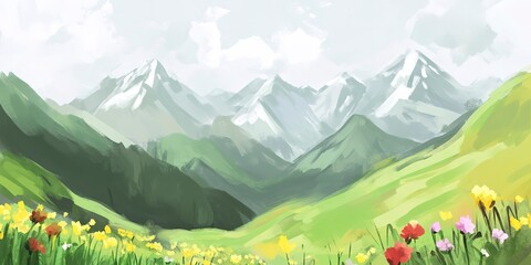 Wall Mural - Watercolor landscape, mountains with flowers in the foreground.  