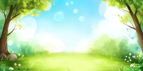 Wall Mural - watercolor green field landscape background with trees and blue sky.