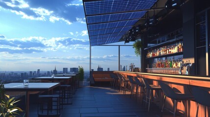 Stylish rooftop bar with solar panels generating energy, showcasing modern eco-conscious luxury.