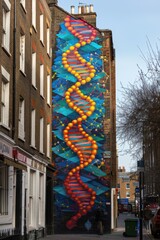 Sticker - A colorful mural depicting a DNA helix on a brick wall. AI.