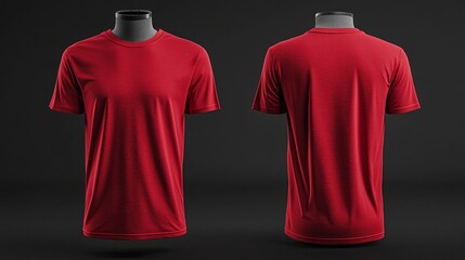 Mockup of a vibrant red t-shirt on an invisible mannequin, showing detailed fabric texture in photorealistic 3D from front and back.