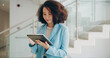 © KayExam/peopleimages.com - House, woman and real estate agent with tablet for communication, networking and connection. Business, female person and happy on email with client or tenant for home viewing and property sale