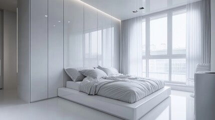 Poster - A spacious bedroom featuring a large bed with soft bedding, bright natural light flooding through expansive windows, and sleek, minimal furnishings that create a serene and calming environment.