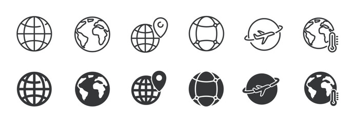 Wall Mural - globe and network line and glyph solid icons collection. minimal icon and symbol series vector illus