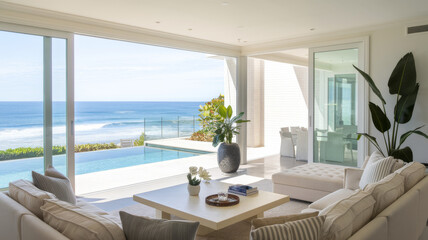 An elegant living room with large windows overlooking a pool and a breathtaking ocean view, decorated with plants and modern furniture.