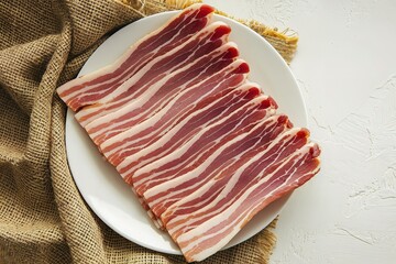 A photo of a white plate with several strips of raw bacon