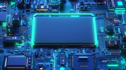 Aufkleber - Futuristic blue and green circuit board with glowing empty screen.