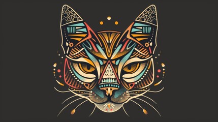 Poster - Minimalistic cat head adorned with colorful tribal patterns.