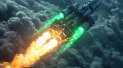 Aufkleber - A powerful rocket ascends through the dark, cloudy sky, emitting vibrant flames and glowing green lights from its engines. The dramatic launch creates a stunning visual effect against the clouds.