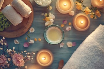 Sticker - A table with candles, flowers, and a cup of tea. Scene is calm and relaxing