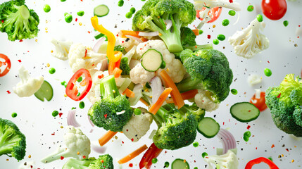 A mix of slices and slices of fresh juicy vegetables. Natural organic products. Food background. A vegan dish. A close-up of a salad with various vegetables, including broccoli, carrots