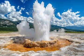 Geyser Eruption at Yellowstone, a powerful surge of steam and water bursts from the ground, surrounded by natural beauty and vibrant geothermal features against a stunning sky.