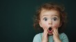 © Vuvimages - An expressive child with hands on cheeks and wide eyes, showcasing a moment of pure surprise and excitement, on a rich green background.