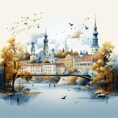 Wall Mural - Minimalistic Illustration of Bratislava's Iconic Landmarks and Cityscape Design