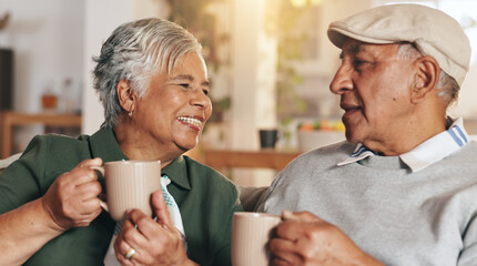 Poster - Retirement, old couple and smile for coffee, bonding and conversation in morning, love and happy in house. Living room, relax and nostalgia of relationship, talking and senior people with cups