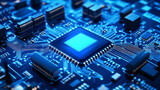 Zintegrowany mikrochip w detalach, z widocznymi układami scalonymi i miniaturowymi komponentami. Jego skomplikowana struktura ukazuje inżynieryjny kunszt oraz zaawansowaną technologię.