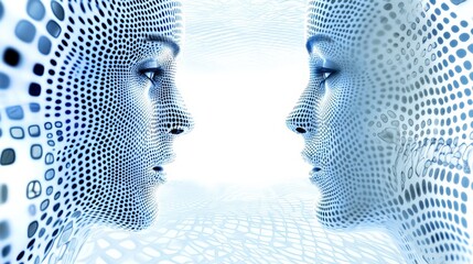 Poster - Digital Faces in Abstract Blue Dot Pattern