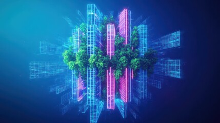 Wall Mural - a futuristic city growing upwards, skyscrapers intertwined with trees, digital lights, ecotech aesth