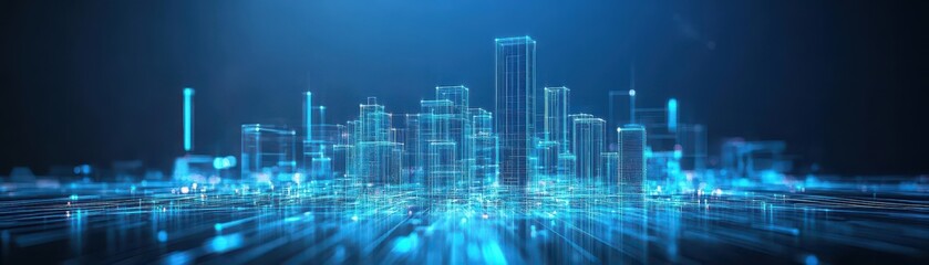 Poster - Abstract city skyline with geometric shapes, glowing lines, deep blue tones, minimalism, modern metropolis, 3D style