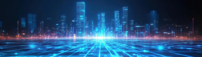 Fototapete - Abstract futuristic cityscape with towering skyscrapers, glowing blue lines, minimalistic design, sharp edges, neon accents, art