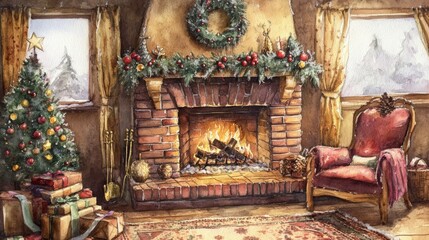 Poster - A cozy living room with a fireplace and a Christmas tree. The room is decorated with a wreath on the mantle and a red chair