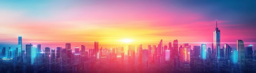 Wall Mural - cyberpunk skyline, gradient sunset, glowing neon lights, futuristic backdrop