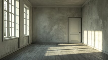 Poster - A large room with a white door and windows. The room is empty and has a very plain and simple appearance