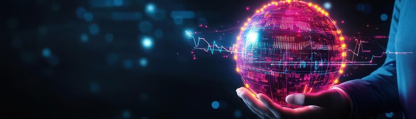 Poster - Investor holding a glowing globe with financial data lines, dark futuristic background, neon highlights, hightech corporate design, 3D digital painting