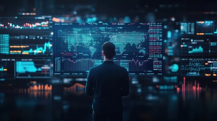 Aufkleber - Investor standing in front of a virtual screen displaying global financial markets, dark background, glowing data points, futuristic theme, 3D rendering