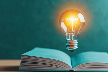 Poster - Open textbook with a glowing light bulb above, idea concept, 3D illustration
