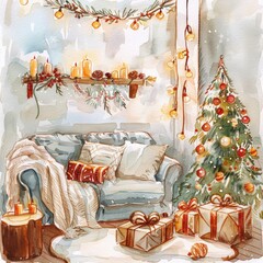 Poster - A cozy living room with a Christmas tree and presents. Scene is warm and festive