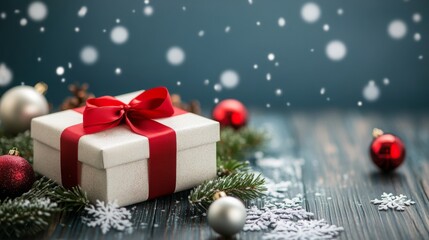 Poster - A wrapped gift with a red ribbon is placed on a wooden surface, surrounded by Christmas ornaments and snowflakes. The atmosphere is joyful, capturing the essence of the holiday season.