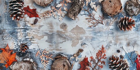 Sticker - A rustic autumn-themed background featuring pine cones, leaves, and tree bark arranged on a weathered wooden surface.